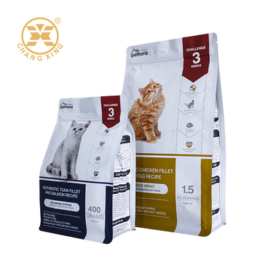 กระเป๋าสตางค์ป้ายพิมพ์ตามสั่ง Mylar คุณภาพสูง Oem 8 ซอย ซีล กระเป๋าสตางค์อาหารสัตว์เลี้ยง Packaging Square ด้านล่างกระเป๋าสตางค์อาหารสัตว์เลี้ยง cat